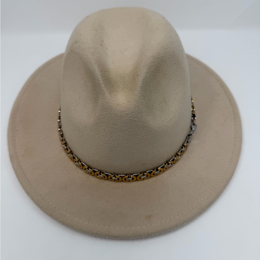 Beige Wide Brim Fedora Hat with Decorative Chain
